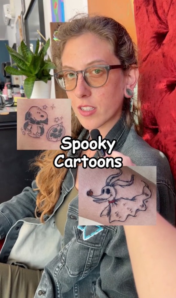 A woman with glasses talking about cartoon tattoos