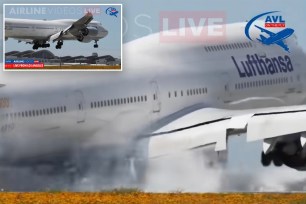 Horrifying video captured the moment a Lufthansa Airlines Boeing 747 bounced off the LAX runway twice before aborting its landing this week.