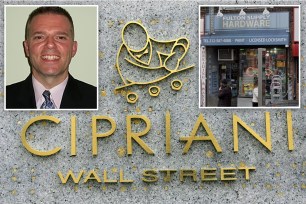 Andrew Heaton headshot seen in suit and tie, top left inset; Cipriani Wall Street sign, main; top right inset showing Fulton Supply Hardware from outside.