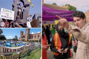 Palestinian intifada image, top left; UCLA encampment with protest signs seen on campus lawn, bottom left; political commentator Cam Higby at right talking with UCLA organizers
