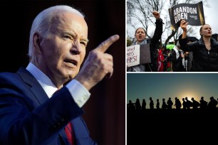 Joe Biden pointing at a protest; anti-Biden demonstrators; migrants at the border