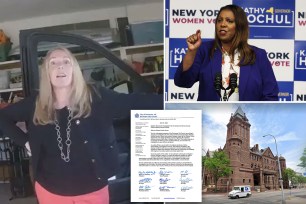 Collage of Monroe County DA Sandra Doorley in a car, with the image of Letitia James inserted