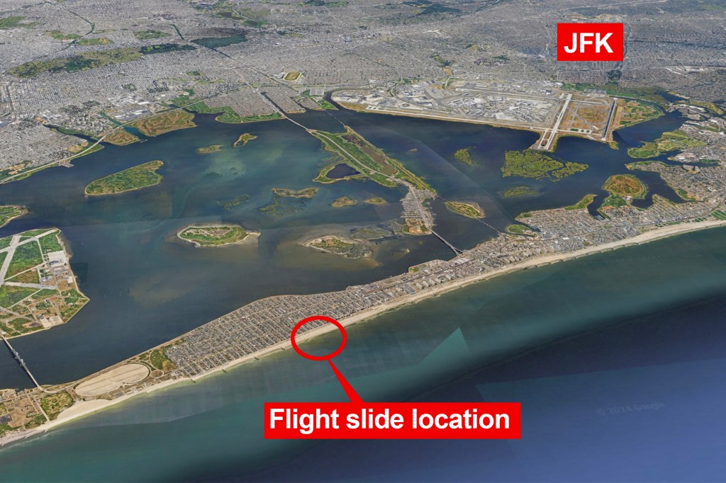 Aerial view of Rockaway Peninsula shows location where emergency slide washed up, about six miles from JFK airport. 