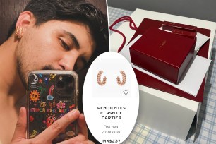(Left) Rogelio Villarreal. (Right) The Cartier box with his $14 earrings. (Inset) image of the $14,000 earrings on Cartier's site.