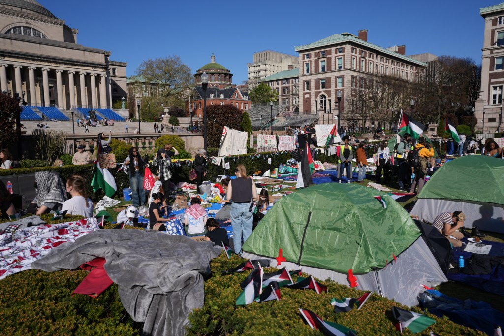 Pro-Palestinian demonstrators gather at an encampment on the lawn of Columbia University on Monday, April 22, 2024