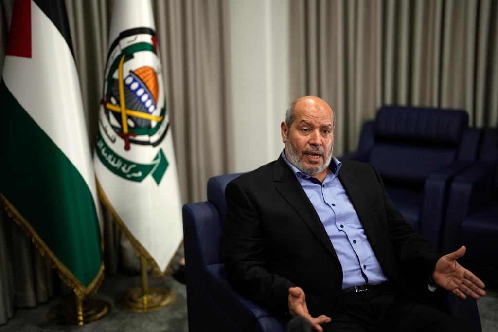 Khalil al-Hayya, a high-ranking Hamas official who has represented the Palestinian militant group in negotiations for a cease-fire and hostage exchange deal, speaks during an interview with The Associated Press, in Istanbul, Turkey, Wednesday, April 24, 2024.