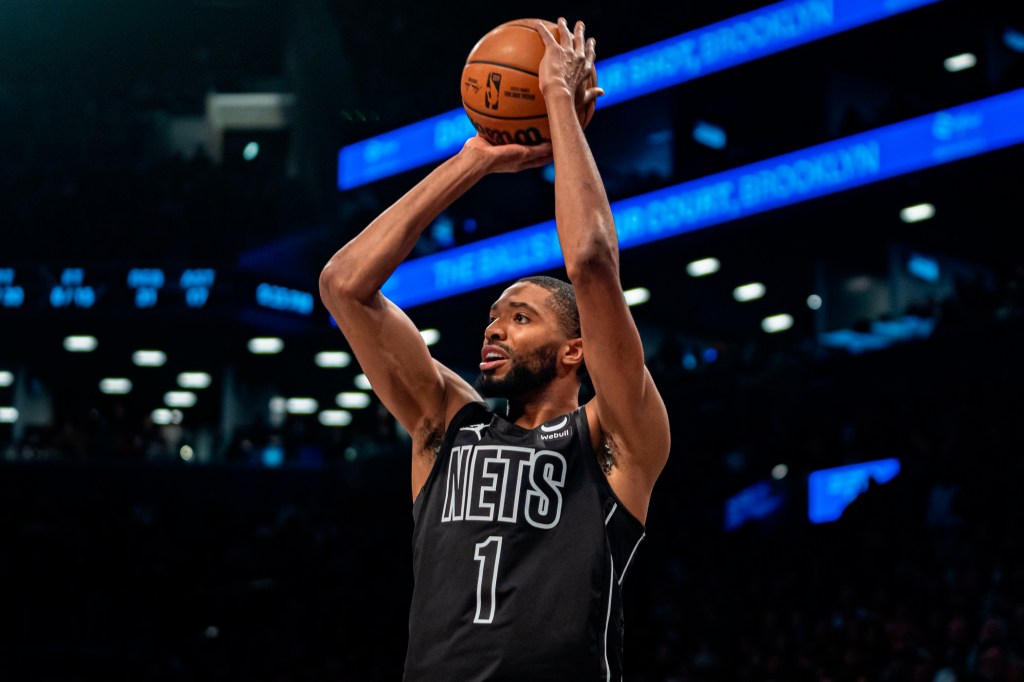 Brooklyn Nets' Mikal Bridges (1) shoots during the second half of an NBA basketball game against the Chicago Bulls in New York, Friday, March 29, 2024.