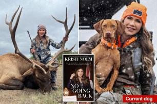 A woman holding a dog and a deer