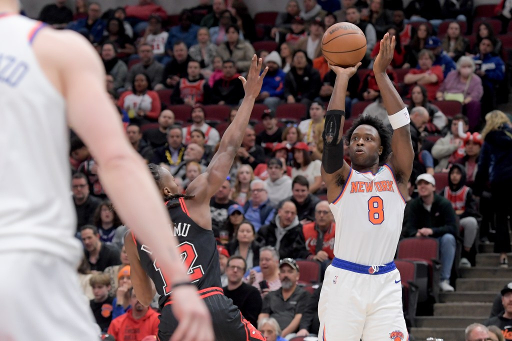 OG Anunoby of the New York Knicks shooting a basketball against the Chicago Bulls during an NBA game