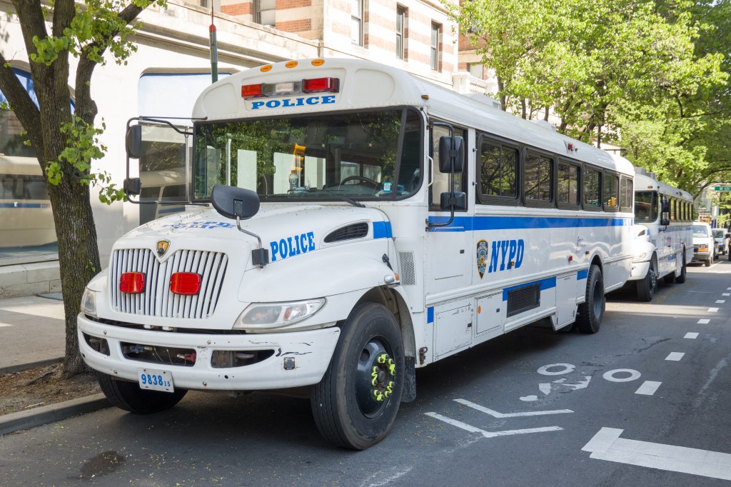 NYPD buses set up outside of Columbia's campus on April 29, 2024.