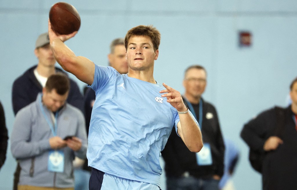 Drake Maye, throwing during North Carolina's Pro Day, has a relationship with Eli Manning.