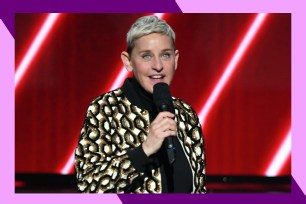 Ellen Degeneres speaks into a microphone.