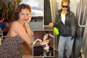 A collage of a woman named Eva Evans posing for a picture