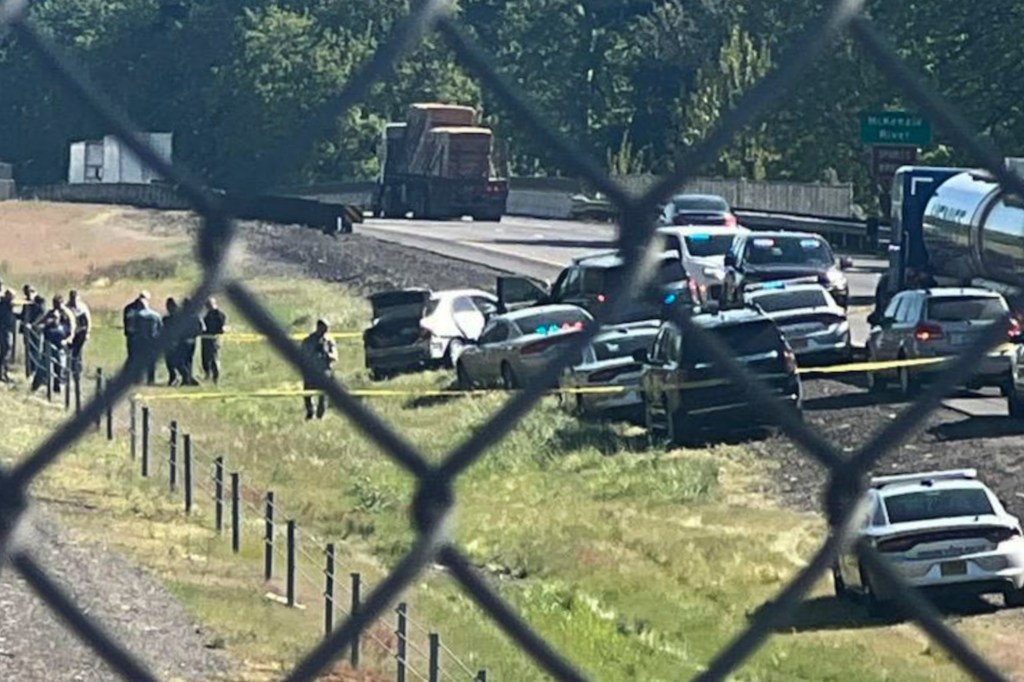 Police officers and cars at a crime scene on Interstate 5, near Eugene, Oregon, where a former officer was found after a chase, April 23, 2024.