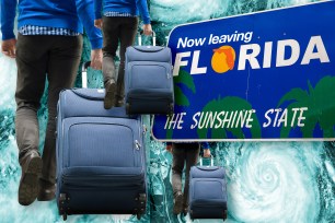 People leaving Florida with suitcases, illustration of hurricane in background