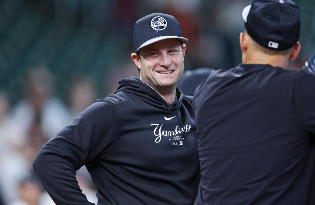 Gerrit Cole is all smiles while watching batting practice before the Yankees' 7-0 loss to the Diamondbacks.