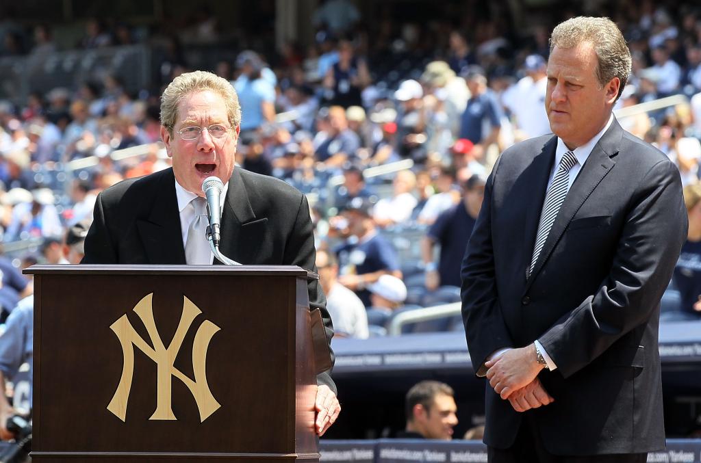  Broadcasters John Sterling (L) and Michael Kay of the New York Yankees introduce the players during the teams 64th Old-Timer's Day before the MLB game against the Tampa Bay Rays on July 17, 2010 at Yankee Stadium.