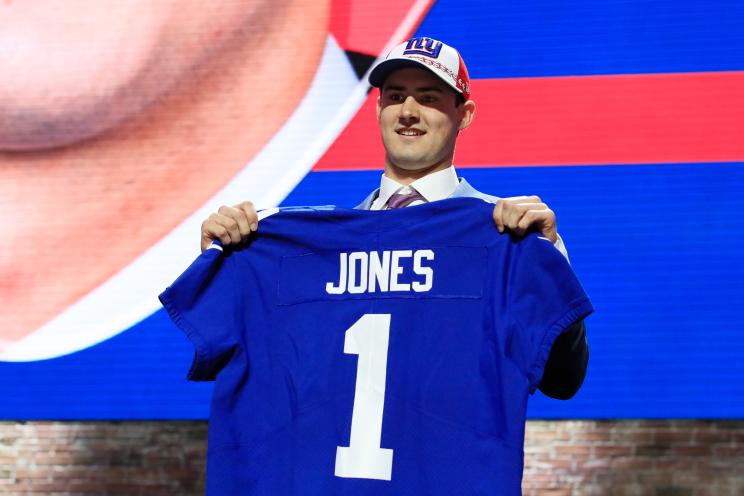 Daniel Jones of Duke reacts after being chosen #6 overall by the New York Giants during the first round of the 2019 NFL Draft on April 25, 2019 in Nashville, Tennessee.