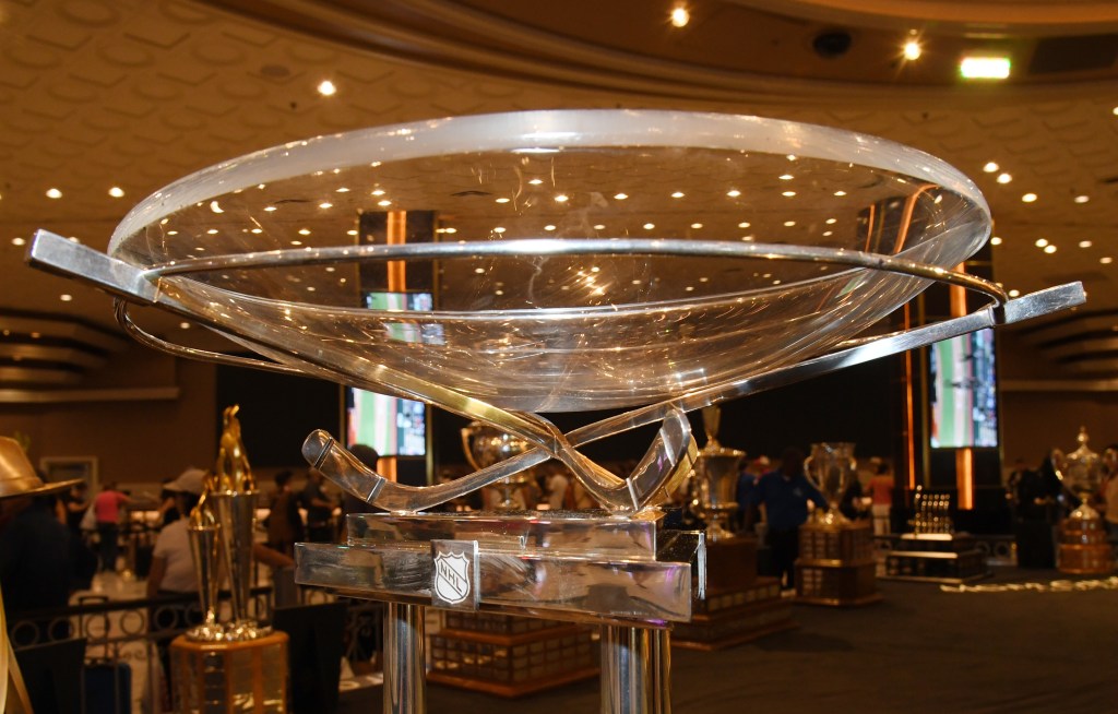 The Presidents' Trophy is displayed in Las Vegas in 2019.
