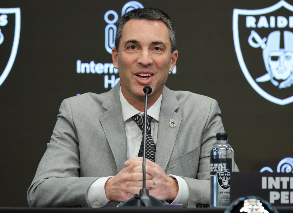 Tom Telesco speaks as he is introduced as the general manager of the Las Vegas Raiders in January.