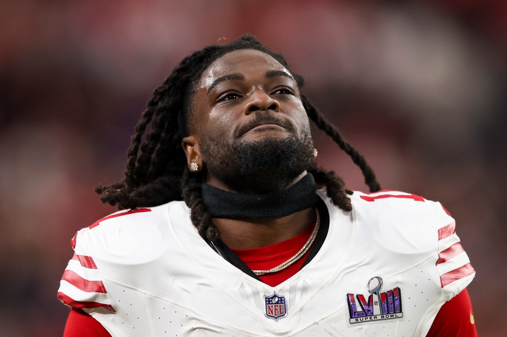 Brandon Aiyuk looks on during Super Bowl LVIII against the Kansas City Chiefs at Allegiant Stadium on February 11, 2024.