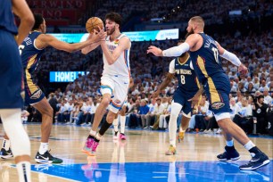 OKLAHOMA CITY, OKLAHOMA - APRIL 21: Chet Holmgren #7 of the Oklahoma City Thunder drives to the basket against the New Orleans Pelicans in game one of the Western Conference First Round Playoffs at the Paycom Center on April 21, 2024 in Oklahoma City, Oklahoma. NOTE TO USER: User expressly acknowledges and agrees that, by downloading and or using this photograph, User is consenting to the terms and conditions of the Getty Images License Agreement. (Photo by Cooper Neill/Getty Images)