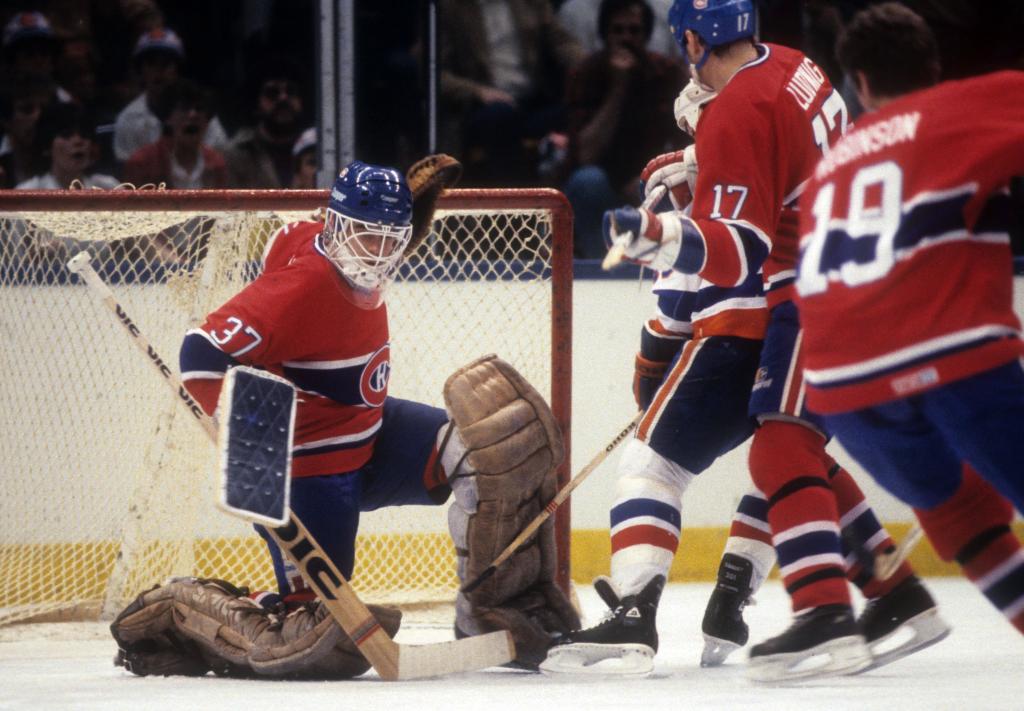 Goalie Steve Penney #37 of the Montreal Canadiens defends the net during the 1984 Eastern Conference Finals against the New York Islanders in May, 1984 at the Nassau Coliseum in Uniondale, New York. 
