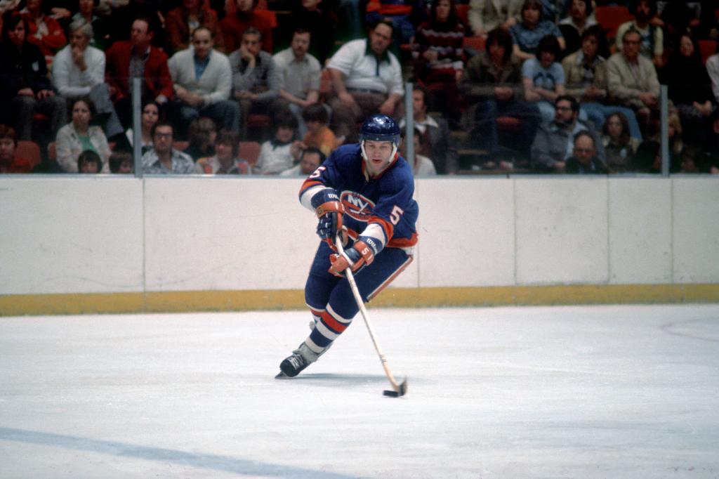 Denis Potvin #5 of the New York Islanders in action during a National Hockey League game against the Pittsburgh Penguins at the Civic Arena in 1976 in Pittsburgh, Pennsylvania. 