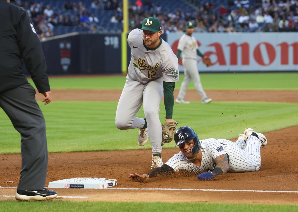 Gleyber Torres is tagged out by A's Athletics third base Max Schuemann after getting picked off in the second inning of the Yankees' loss.