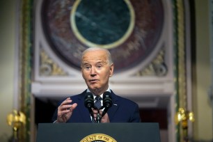 President Joe Biden speaks about lowering health care costs in the Indian Treaty Room at the Eisenhower Executive Office Building.