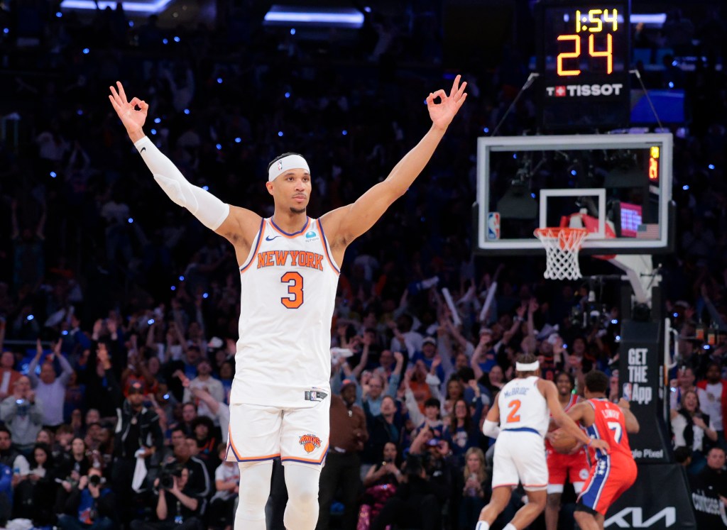 Josh Hart celebrates after hitting a big 3-pointer during the Knicks' 111-104 Game 1 win over the 76ers.