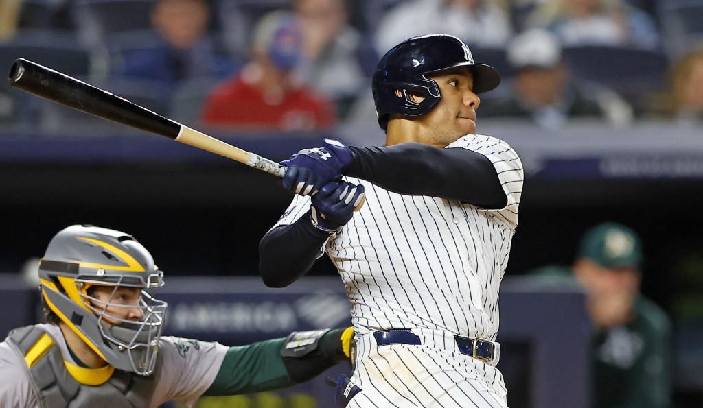 Juan Soto belts a solo homer in the sixth inning of the Yankees' 7-3 win over the A's.