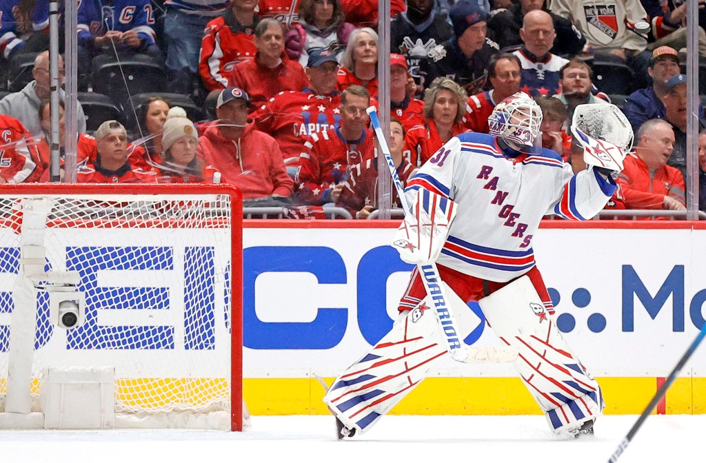 Igor Shesterkin #31 of the New York Rangers makes a save during the third period. 