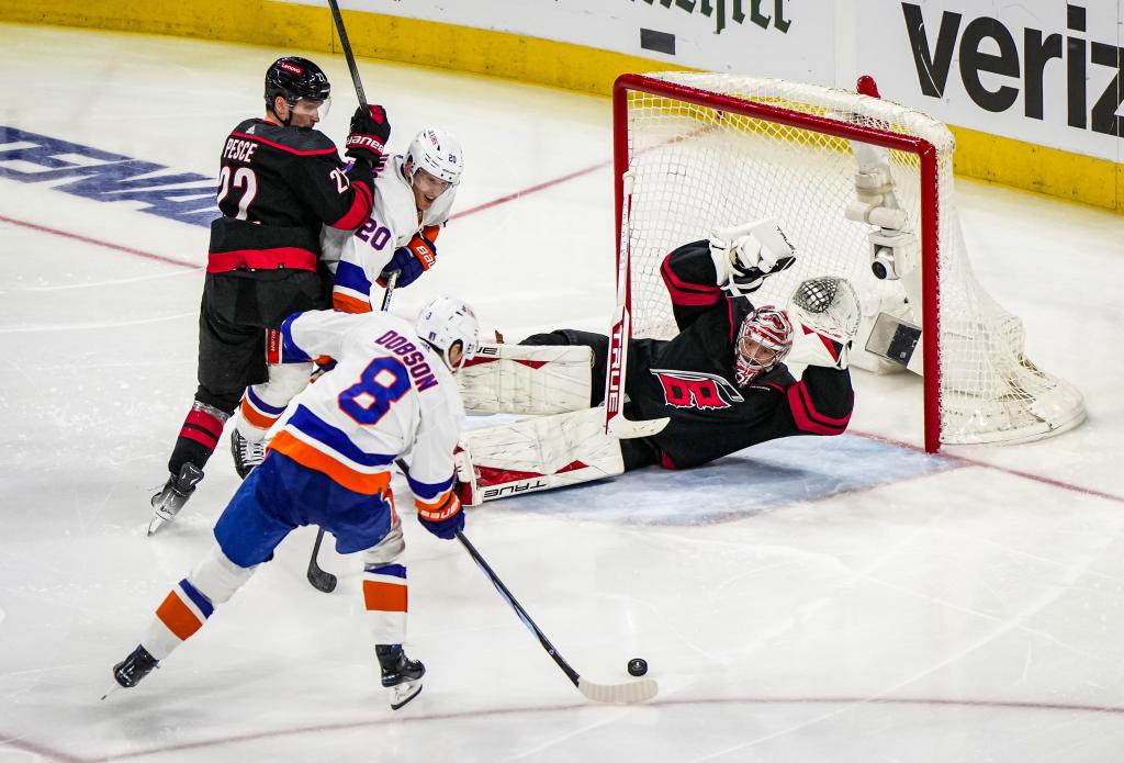 Frederik Andersen gets in position to make a diving save on Noah Dobson's shot during the third period in the Islanders' loss.