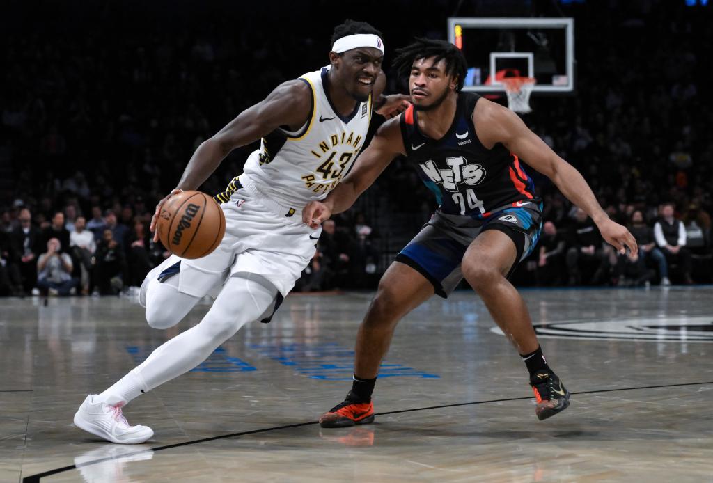 Pascal Siakam, who scored a team-high 26 points, drives on Cam Thomas during the Nets' win over the Pacers.