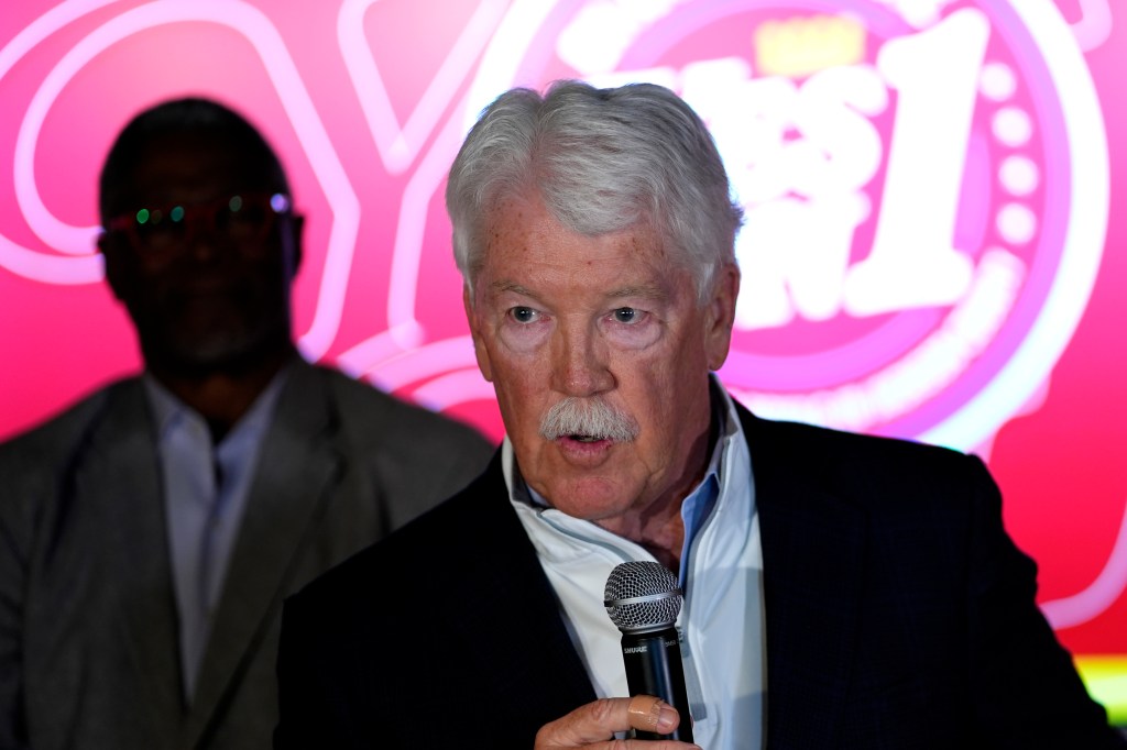 Kansas City Royals owner John Sherman address the crowd during an election watch party after voters rejected the extension of a sales tax to provide funding for a new baseball stadium for the Royals and renovations for the Kansas City Chiefs' football stadium Tuesday, April 2, 2024, in Kansas City, Mo. 