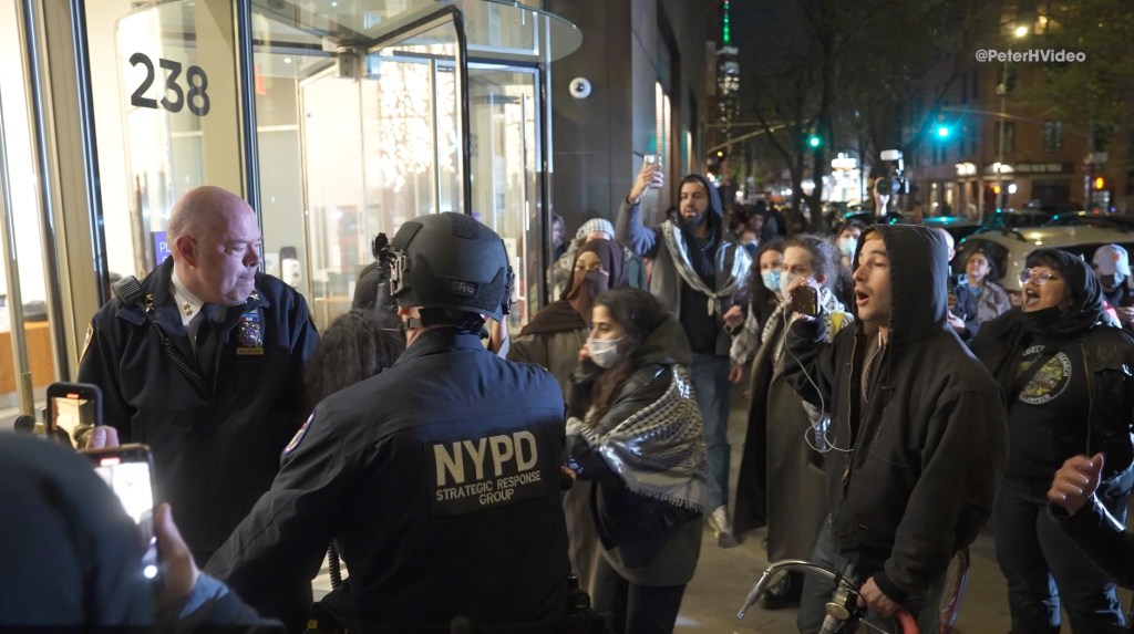 Some of the officers could be seen swatting protesters' hands away before McCarthy pushes through the crowd and leads the officers around the side of the building to look for another entrance.