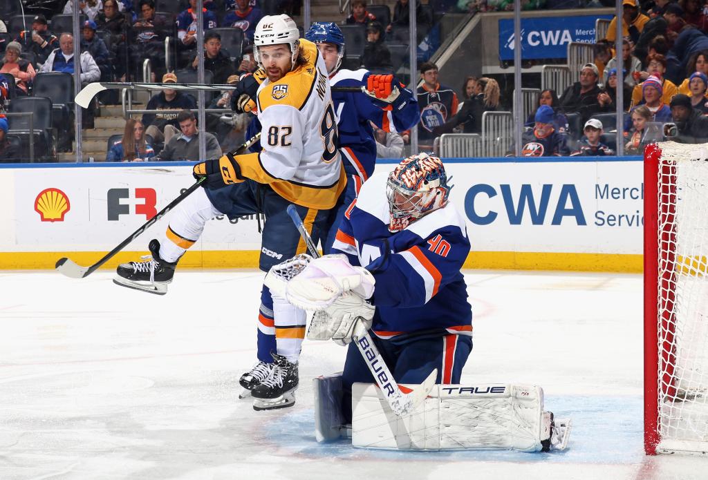 Semyon Varlamov makes one of his 40 saves in the Islanders' 2-0 win over the Predators.