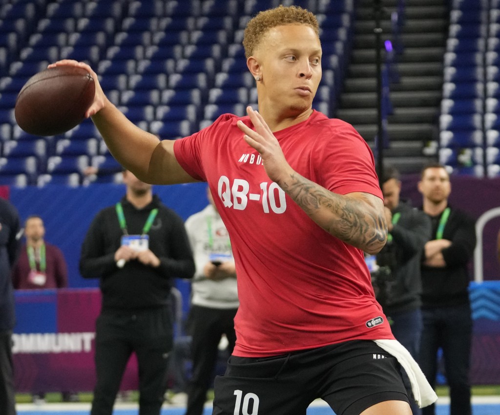 Spencer Rattler, throwing a pass during the NFL Combine, could be a later-round quarterback option for the Giants.