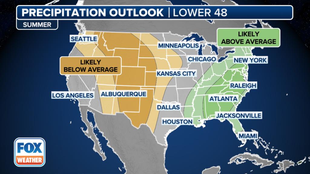 NOAA's precipitation outlook for June, July and August showed most states in the eastern US seeing the highest chances of rainfall tallies that will be above normal.