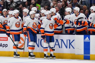 The Islanders celebrate a first period goal during their win over the Blue Jackets.