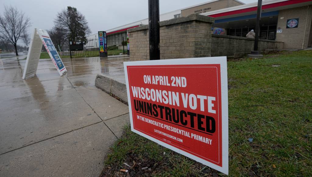 A sign encouraging people to vote uninstructed in the Democratic presidential primary is shown Tuesday, April 2, 2024 at the Barack Obama School of Career and Technical Education, 5075 N. Sherman Blvd. in Milwaukee, Wisconsin.