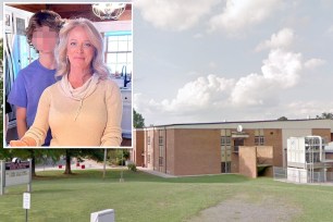 A woman standing in front of Central Davidson High School in Lexington, North Carolina