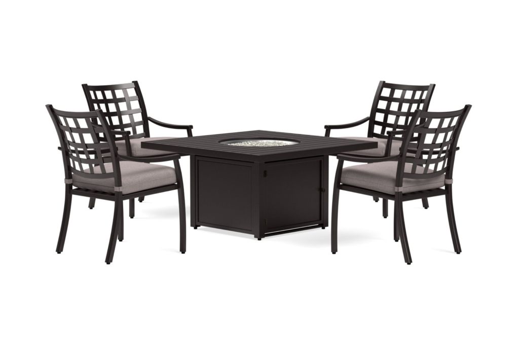 Four tables around a fire pit dining table