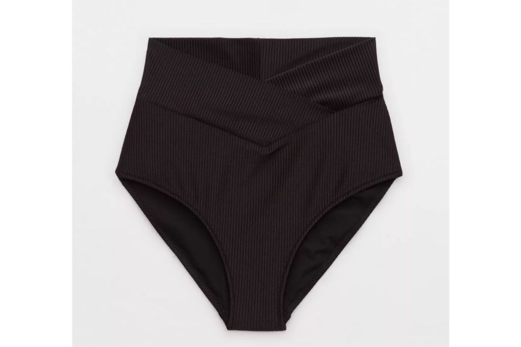 A pair of high waisted black bikini bottoms.