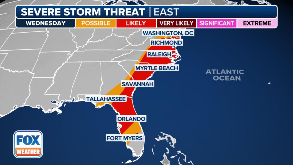 The Storm Prediction Center has highlighted communities from New Jersey to Florida for being at an increased risk of severe weather.