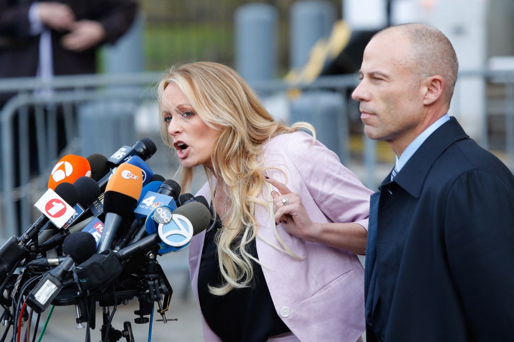 Adult-film actress Stephanie Clifford, also known as Stormy Daniels, speaking at US Federal Court with her lawyer Michael Avenatti in Lower Manhattan, New York