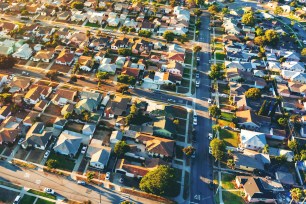 Aerial view of of a residential neighborhood in Hawthorne, in Los Angeles, CA.