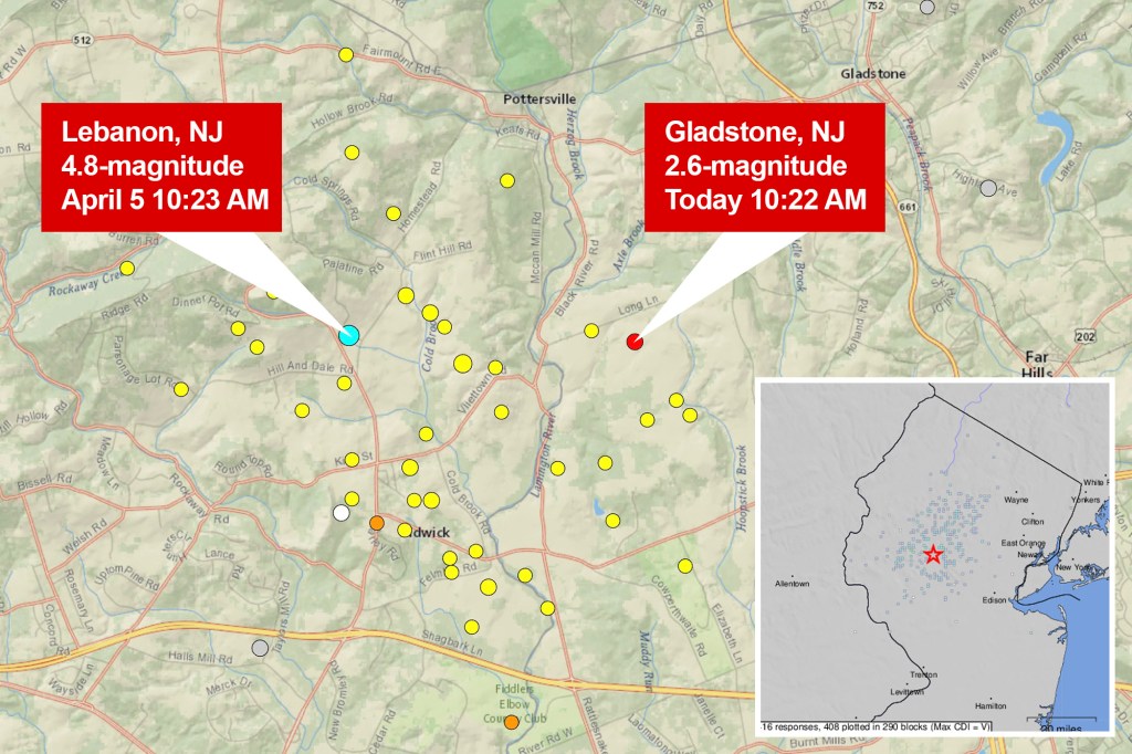 The USGS registered a 2.6 earthquake aftershock 5km SW of Gladstone, NJ.