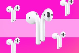 A collage of white earbuds